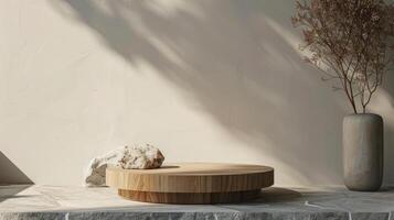 Zen-inspiriert Produkt Anzeige mit hölzern runden Podien, texturiert Felsen, und Vase auf ein sonnendurchflutet Hintergrund foto