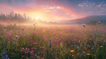 Sonnenaufgang leuchten ein Wildblume Wiese, Panorama- Sicht, warm Töne, hdr foto