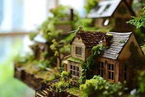 Diorama von leeren Haus voll von Grün Pflanzen, selektiv Fokus foto