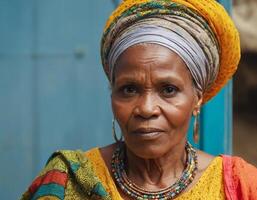 afrikanisch Frau im ein Gelb Turban. foto