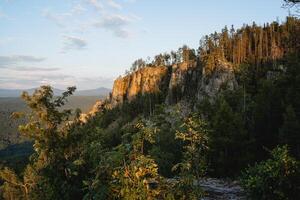 Sommer- Abend hoch im das Berge, Russisch Taiga beleuchtet durch Sonnenlicht, Stille unter das Bäume, Ruhe von Natur, Felsen Grat, Kiefer Bäume foto