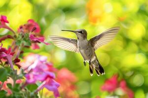 ein Kolibri schwebt in der Nähe von ein bunt Blume gegen ein beschwingt verschwommen Hintergrund. erfasst das Schönheit und Anmut von der Natur zart Kreaturen foto