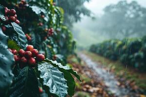 Nahansicht von reif Kaffee Bohnen auf Bäume während Regen. generiert durch künstlich Intelligenz foto