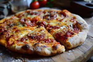 appetitlich Margherita Pizza auf ein hölzern Tablett. Vegetarier Pizza ohne Fleisch. generatve ai foto