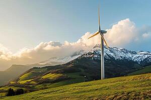 Windmühle, Turbine im bergig Bereich. das Konzept von Lehren Alternative Energie und Speichern das Umfeld. foto