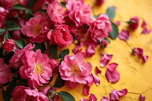 ein Busch von Blühen Rosa Hagebutte gegen ein Gelb Mauer. generiert durch künstlich Intelligenz foto
