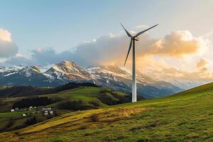 Windmühle, Turbine im bergig Bereich. das Konzept von Lehren Alternative Energie und Speichern das Umfeld. foto