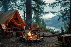 Camping mit ein Zelt und ein Feuer im das Wald. generiert durch künstlich Intelligenz foto