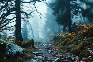 felsig Pfad im ein schön nebelig mystisch Wald. generiert durch künstlich Intelligenz foto