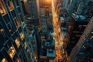 oben Aussicht von Wolkenkratzer beim Sonnenuntergang. Landschaft von ein modern Stadt. modern städtisch die Architektur. foto