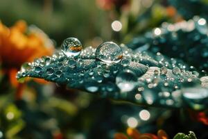 groß fallen von Wasser auf ein Blatt auf ein verschwommen Bokeh Hintergrund. generiert durch künstlich Intelligenz foto