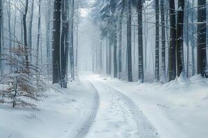 ein winterlich Landschaft mit ein Wald Weg. . foto