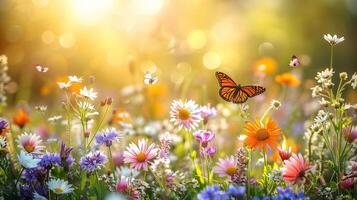 Sommer- Wiese mit Blühen Blumen, Kräuter und Schmetterlinge. foto