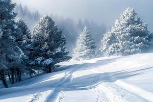 ein winterlich Landschaft mit ein Wald Weg. . foto