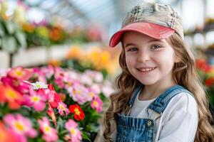 glücklich Mädchen im Overall und Hut tun Gartenarbeit im ein Garten. foto