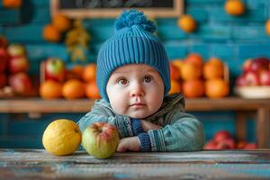 ein wenig süß Junge im ein gestrickt Hut sitzt beim ein Tabelle mit Frucht. . foto