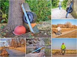 Reiten einer auf Rädern elektrisch Skateboard auf Fahrrad Wanderwege foto