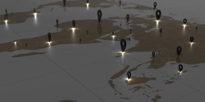 Pin auf Weltkarte dunkle Töne und leuchtende Pins globale Geschäftskommunikation 3D-Darstellung foto