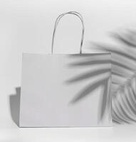 Weiß Papier Einkaufen Tasche, Pack mit Griffe, Palme Blatt Schatten foto