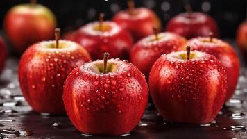 viele reif saftig rot Äpfel bedeckt mit Wasser Tropfen foto
