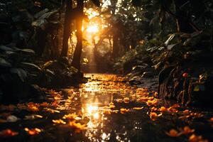 Fluss im das tropisch Wald. warm Sonnenlicht. generiert durch künstlich Intelligenz foto