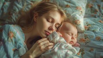 jung Mutter Schlaf mit ihr Baby auf das Bett foto