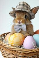 ein Hase tragen ein Hut und Bogen Krawatte taucht auf von das Ei mit schön bunt Muscheln alle im das Korb auf ein Weiß Hintergrund. foto