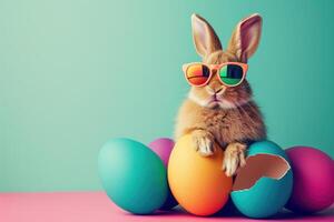 ein Hase tragen ein Sonnenbrille taucht auf von das groß Ei mit schön bunt Muscheln auf ein eben Farbe Hintergrund. foto