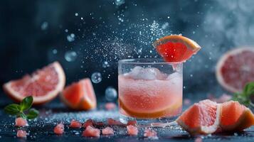 Vertikale Glas mit Rosa Grapefruit Saft. fliegend Grapefruit, Essen Fotografie, dunkel Hintergrund. generiert durch künstlich Intelligenz. foto