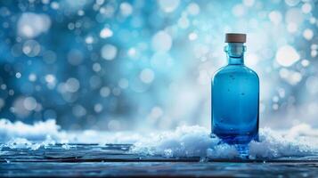 ein Blau Gin Flasche auf einen hölzern Oberfläche im ein schneebedeckt Hintergrund. generiert durch künstlich Intelligenz. foto