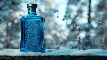 ein Blau Gin Flasche auf einen hölzern Oberfläche im ein schneebedeckt Hintergrund. generiert durch künstlich Intelligenz. foto