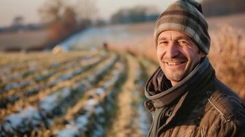 ein Farmer Stehen auf ein Winter Feld. Hinweis von ein lächeln, suchen in Kamera, spät Nachmittag. generiert durch künstlich Intelligenz. foto