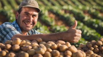 ein modern Farmer im ein Feld von Kartoffeln, tun ein Daumen hoch. generiert durch künstlich Intelligenz. foto