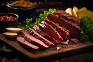 geschnitten braten Rindfleisch auf hölzern Tafel foto