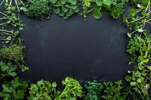 Rahmen gemacht mit anders Grün Baby Microgreens auf schwarz Tisch, eben legen. Raum zum Text. gesund Lebensmittel. foto