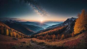 Sonnenaufgang im das Berg Wald foto