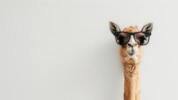 komisch Kamel tragen Sonnenbrille und suchen beim Kamera Über Weiß Hintergrund foto