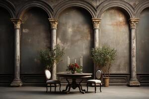 Tabelle zum zwei im ein Restaurant mit Jahrgang Antiquität Luxus Stil. hoch Halle mit Säulen. generiert durch künstlich Intelligenz foto