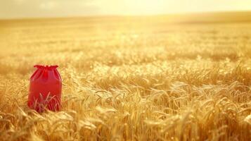 ai generiert ein rot Dünger Tasche ist platziert auf ein golden Weizen Feld. das Sonne ist leuchtenden, Anfang von Herbst, Feld, gut Ernte, klein Ohren von Weizen im das Distanz. foto