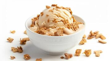 ai generiert ein Weiß Keramik Schüssel mit ein Single groß Scoop von Vanille Eis Sahne mit Müsli Stücke auf ein Weiß Hintergrund. generiert durch künstlich Intelligenz. foto