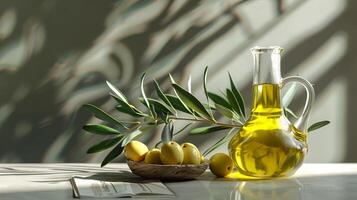 ai generiert das Grün Oliven und Olive Öl mit einfach klar Hintergrund. generiert durch künstlich Intelligenz. foto