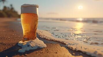 ai generiert ein Glas von Bier Das sieht aus sehr cool auf das Strand, sonnig Wetter. generiert durch künstlich Intelligenz. foto