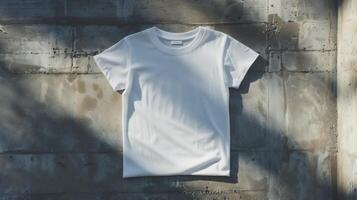 ai generiert ein Weiß T-Shirt gegen ein Stark, Brutalist Beton Hintergrund. generiert durch künstlich Intelligenz. foto