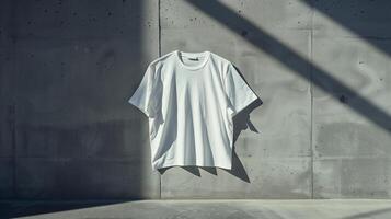 ai generiert ein Weiß T-Shirt gegen ein Stark, Brutalist Beton Hintergrund. generiert durch künstlich Intelligenz. foto