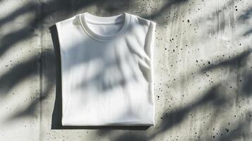 ai generiert ein Weiß T-Shirt gegen ein Stark, Brutalist Beton Hintergrund. generiert durch künstlich Intelligenz. foto