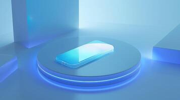 ai generiert isometrisch Komposition von Smartphone auf ein runden Plattform mit ein Licht Blau Gradient im das Mitte. Blau und Weiß Hintergrund, minimalistisch Stil, ein Glas Textur. foto