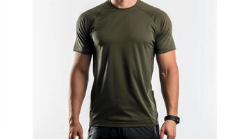 ai generiert ein Attrappe, Lehrmodell, Simulation von das Vorderseite Aussicht T-Shirt, tragen durch ein sportlich Mann im Militär- Grün Farbe. Mann Stehen gegen Weiß leer Hintergrund. generiert durch künstlich Intelligenz. foto