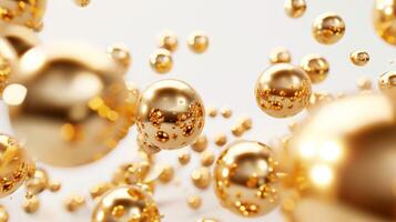 ai generiert golden Kugeln auf Weiß Hintergrund. abstrakt Illustration, fliegend golden Bälle, metallisch Gold Perlen, runden und glänzend Objekte, Hintergrund, Perlen, Metall Bälle. foto