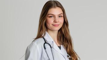ai generiert ein weiblich jung europäisch Arzt tragen Weiß Mantel auf Weiß Hintergrund. generiert durch künstlich Intelligenz. foto
