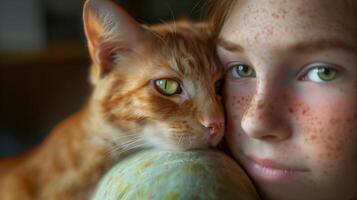 ai generiert ein Nahansicht Porträt von ein Orange Katze mit Weiß Flecken, Nächster zu ein jung sommersprossig Mädchen. generiert durch künstlich Intelligenz. foto